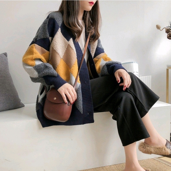 New Argyle Oversized V Neck Cardigan Sweater OS - Picture 1 of 7